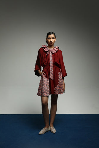 [Pre - Order] PURANA RUFFLE MINI DRESS TROPIPELAGO JAPAN WAVE BATIK - MAROON