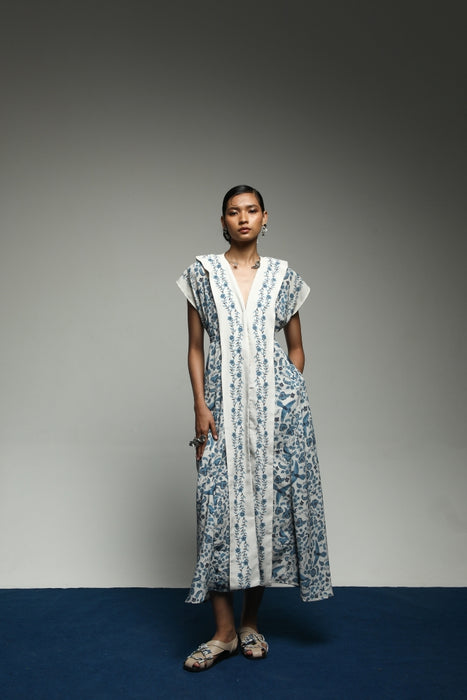 PURANA FULL MAXI LAPEL LONG DRESS TROPIPELAGO BIRDS - OFF WHITE