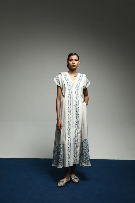 PURANA MAXI LAPEL LONG DRESS TROPIPELAGO BIRDS - OFF WHITE