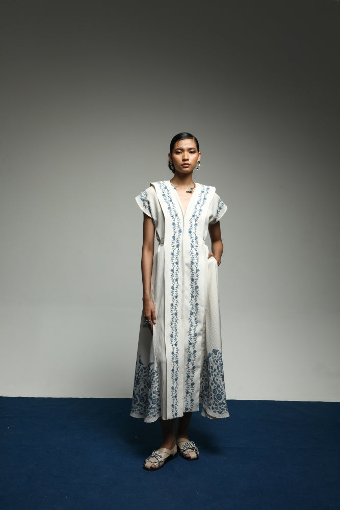 PURANA MAXI LAPEL LONG DRESS TROPIPELAGO BIRDS - OFF WHITE