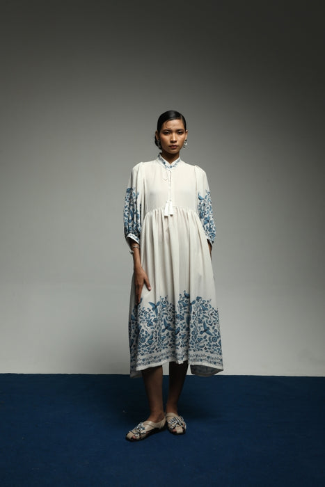 PURANA SUMMER MIDI DRESS TROPIPELAGO BIRDS - OFF WHITE