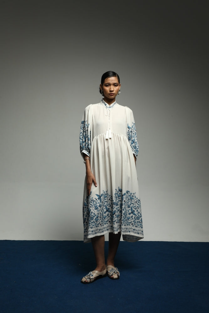 PURANA SUMMER MIDI DRESS TROPIPELAGO BIRDS - OFF WHITE