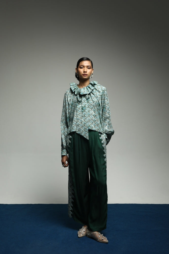 PURANA RUFFLE NECK TOP TROPIPELAGO JAPAN WAVE BATIK -  EMERALD